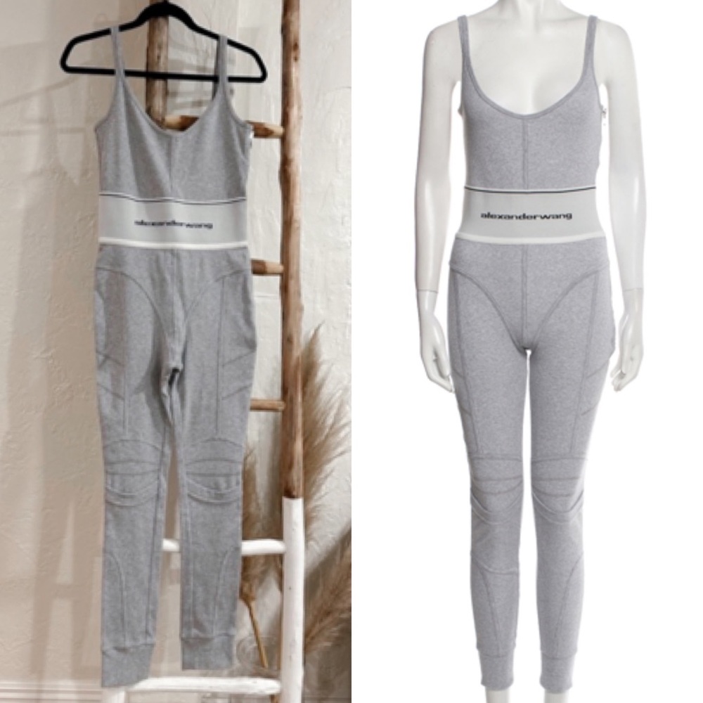 Alexander Wang Logo Elastic Jumpsuit in Ribbed Jersey in Grey Size Small